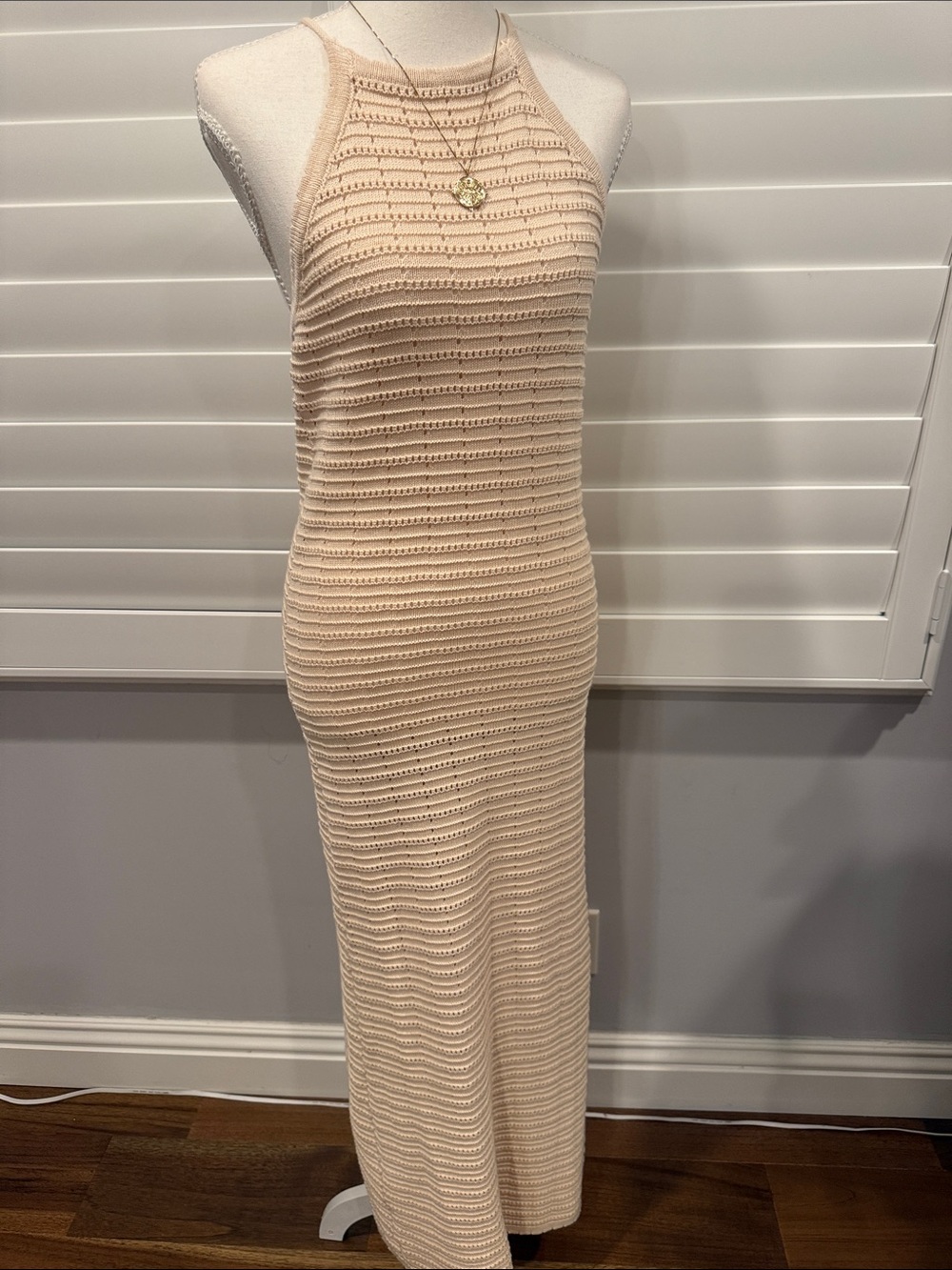 NWT Cream Crochet Halter Maxi Dress with Sleek Silhouette
